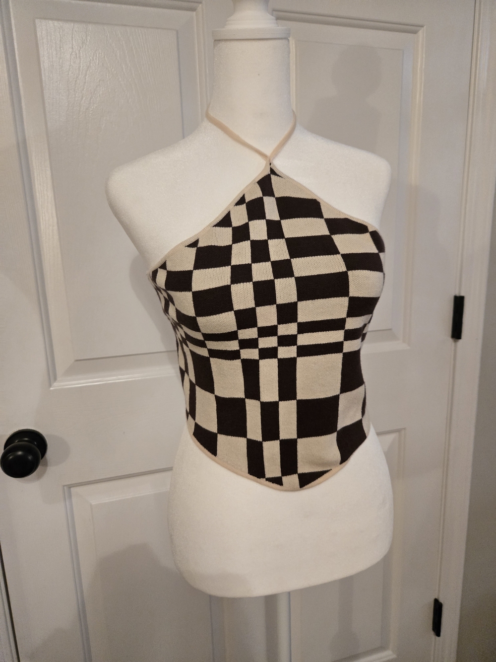 Altar'd State Checkerboard Halter Crop Top - Beige & Black